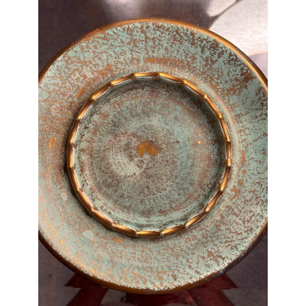 Vintage Stengel Art Pottery Ashtray Large 10" Heavy Metallic Gold Green Chunky